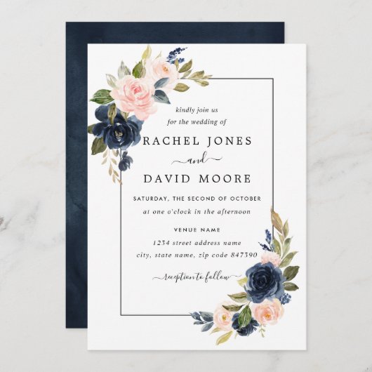 Blush Navy Floral Fleom Faire-part de mariage (Devant / Derrière)