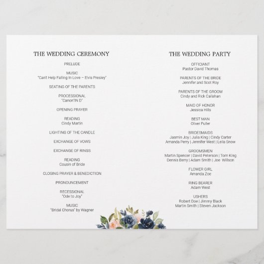 Blush Navy Floral Floral Folded Wedding Programme (Dos)