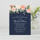Blush Navy Floral Glitter Sparkling Vrijgezellenfe Kaart (Staand voorkant)