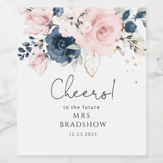Blush navy floral vrijgezellenfeest wijn etiket (Enkel label)