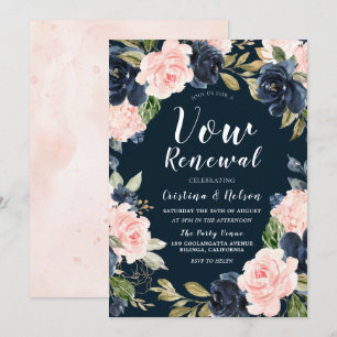 Blush Navy Floral Wreath Vow Renewal Kaart