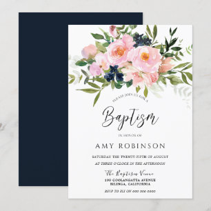 Blush & Navy Flowers Baby Girl of Boy Baptisme Kaart