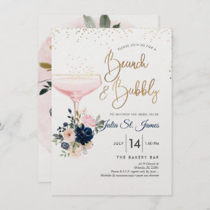 Blush+Navy Flowers Brunch Bubble Pink Champagne Kaart