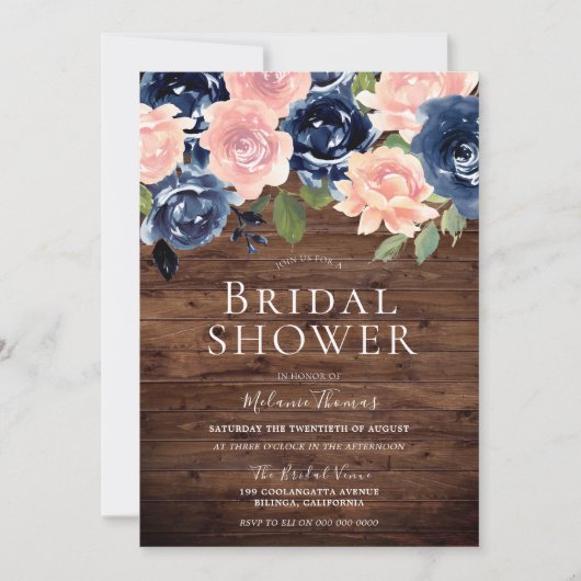 Blush & Navy Flowers Rustic Wood Vrijgezellenfeest Kaart (Voorkant)