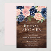 Blush & Navy Flowers Rustic Wood Vrijgezellenfeest Kaart (Voorkant / Achterkant)