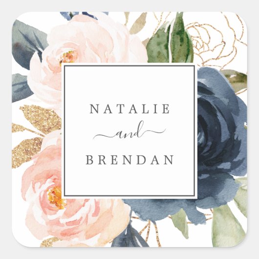 Blush & Navy Flowers White Wedding Envelope Seals Vierkante Sticker (Voorkant)