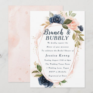 Blush Navy Geometric Vrijgezellenfeest Brunch & Bu Kaart