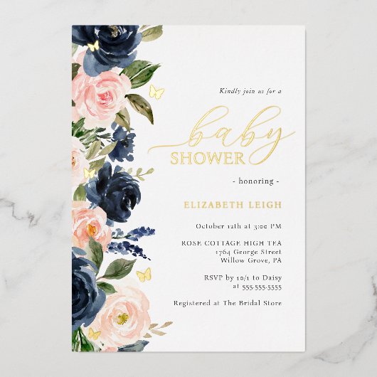 Blush Navy Gold Floral Butterfly Baby shower Folie Uitnodiging (Voorkant)
