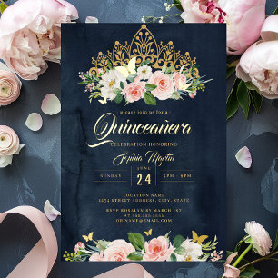 Blush Navy Goud Bloemvlinder Tiara Quinceanera Folie Uitnodiging