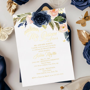 Blush Navy Goud Vlinder Mis Quince Quinceanera Folie Uitnodiging