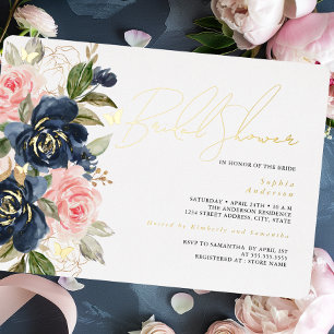 Blush Navy Gouden Vlinder Bruidsdouche Folie Uitnodiging