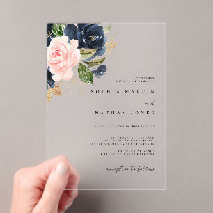 Blush Navy Gouden Waterverf Bloemen Trouwen Acryl Uitnodigingen