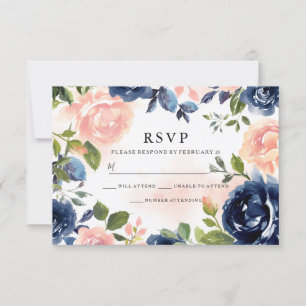 Blush Navy Hand Painted Waterverf Floral Wedding RSVP Kaartje