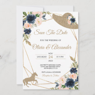 Blush & Navy Kentucky Derby Trouwkaart Save The Da Kaart