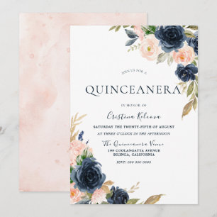Blush & Navy Peach Flowers Quinceanera Party Kaart