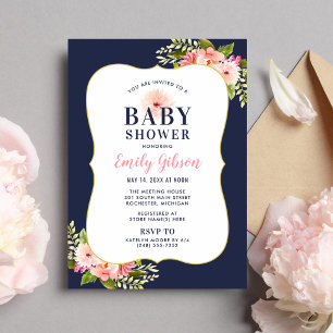 Blush Navy Roze Bloemen Waterverf Meisje Baby show Kaart