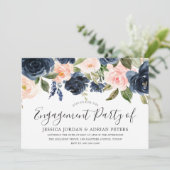 Blush & Navy Waterverf Flowers Engagement Party Kaart (Staand voorkant)