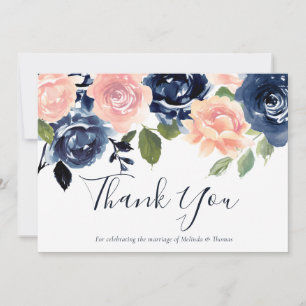 Blush & Navy Waterverf Flowers Wedding of Event Bedankkaart