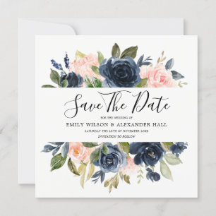 Blush & Navy Waterverf Flowers Wedding Save The Date