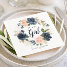 Blush Navy Wreath Waterverf Baby shower Napkins