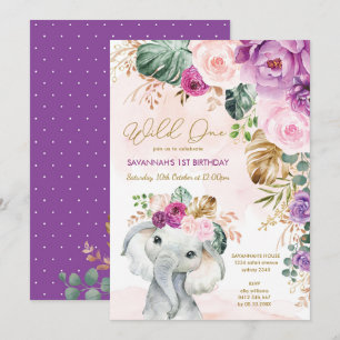 Blush Paarse Tropische Floral Elephant 1e verjaard Kaart