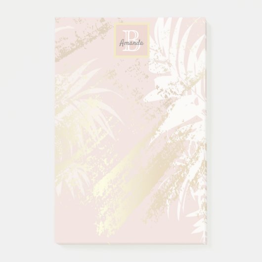 Blush palm verlaat gouden witte monogram post-it® notes (Voorkant)