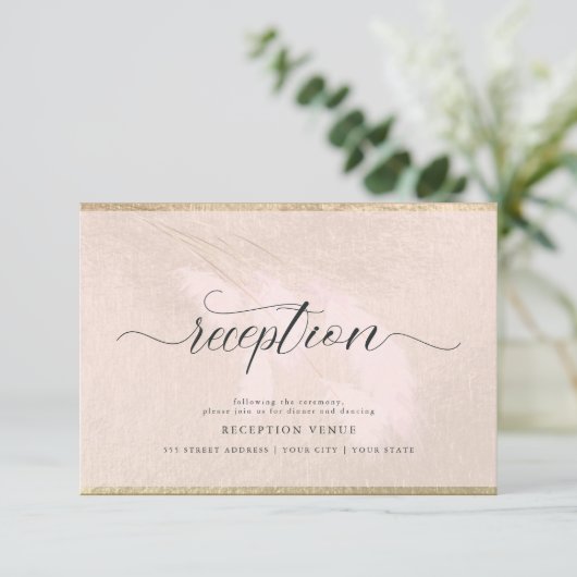 Blush Pampas Grass Calligraphy Reception Kaart (Staand voorkant)