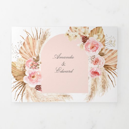 Blush Pampas Grass Modern Boho 3 in 1 Drieluik Uitnodiging (Cover)