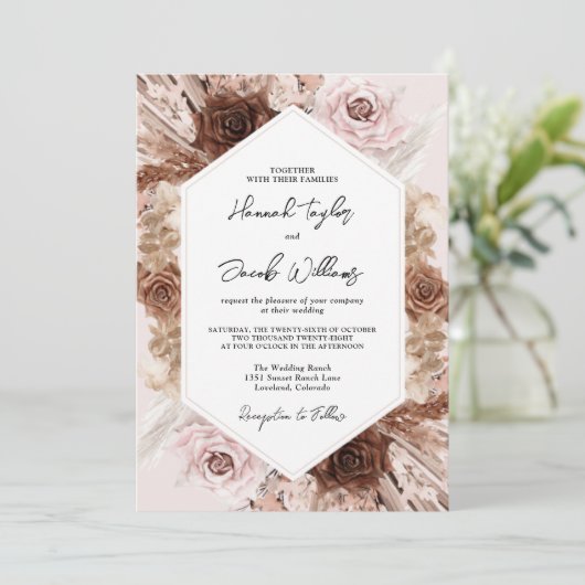 Blush Pampas Grass QR Code RSVP Weddenschap Kaart (Staand voorkant)