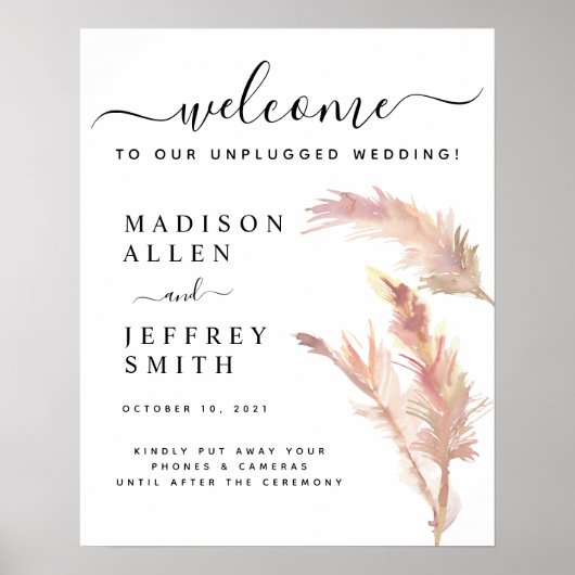 Blush Pampas Grass Wedding Unplugged Welcome Sign Poster (Voorkant)