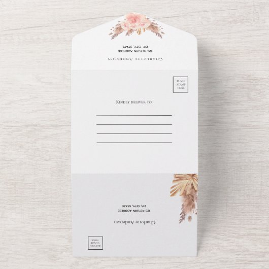 Blush pampas roos first communiqué RSVP All In One Uitnodiging (Buitenkant)