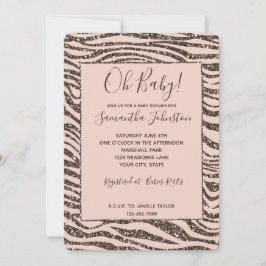 Blush Peach Brown Zebra Glitter Baby shower Kaart