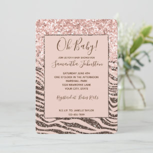 Blush Peach Brown Zebra Glitter Baby shower Kaart