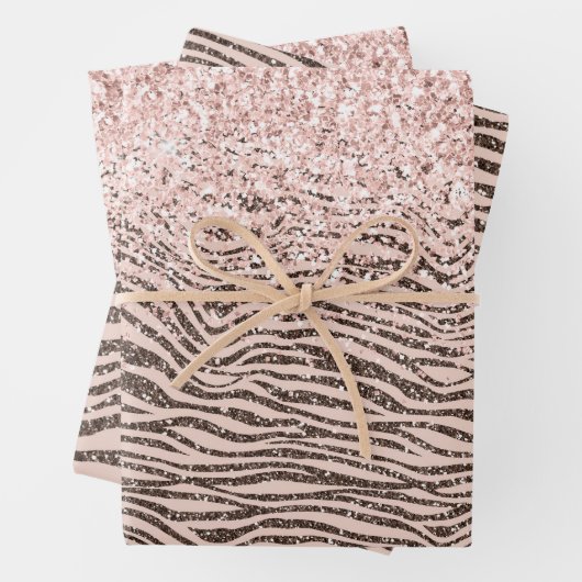 Blush Peach Chocolate Brown Zebra Print Glitter Inpakpapier Vel (In situ)