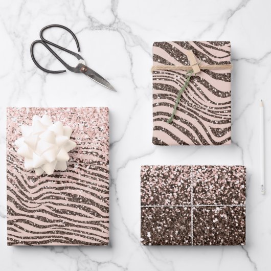 Blush Peach Chocolate Brown Zebra Print Glitter Inpakpapier Vel (Voorkant)