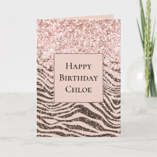 Blush Peach Chocolate Brown Zebra Print Glitter Kaart
