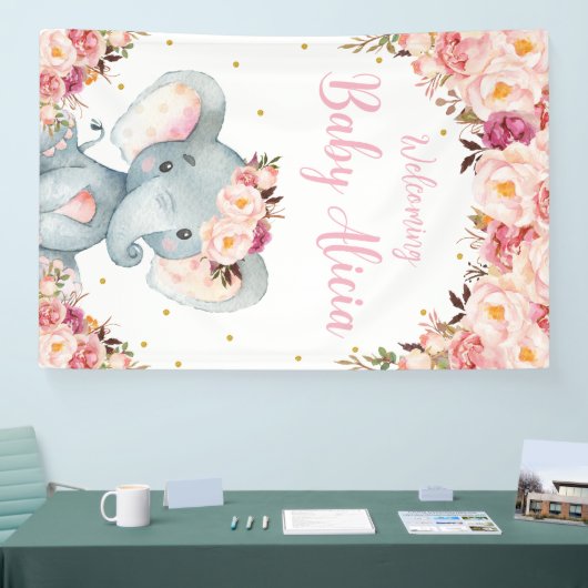 Blush Peach Floral Elephant Baby shower Backdrop Spandoek (Beurs)