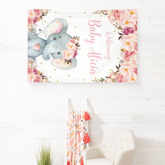 Blush Peach Floral Elephant Baby shower Backdrop Spandoek (Insitu)