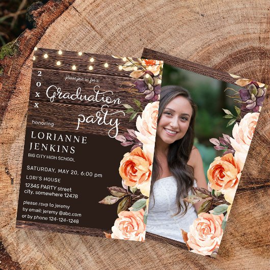 Blush & Peach Floral Rustic Afstuderen Foto v2 Kaart
