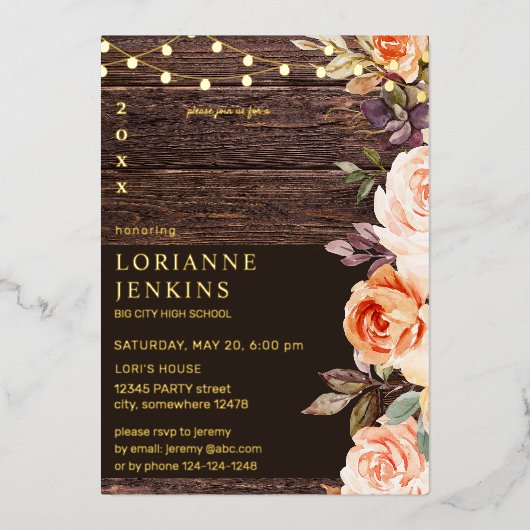 Blush & Peach Floral Rustic Afstuderen v2 Full Folie Uitnodiging (Voorkant)