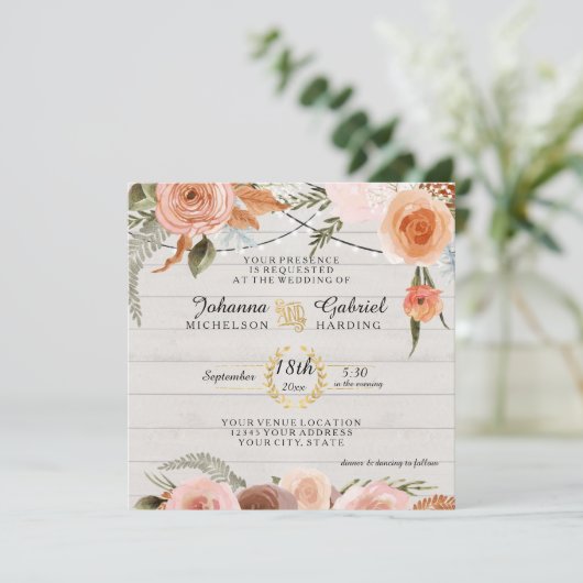 Blush Peach Floral Rustic White Wood Leaf Foliage Kaart (Staand voorkant)