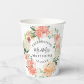 Blush Peach Floral Wreath Bride and Groom Wedding Papieren Bekers (Achterkant)