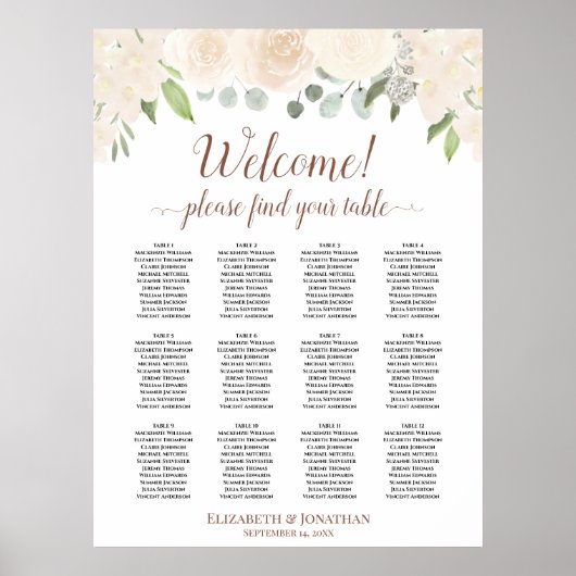 Blush Peach Roos 12 Table Wedding Seating Chart Poster (Voorkant)