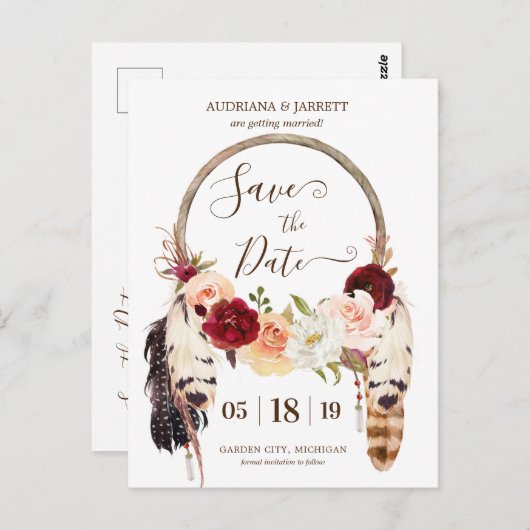 Blush & Peach Roos Dreamweaver Boho Save the Date Briefkaart (Voorkant / Achterkant)