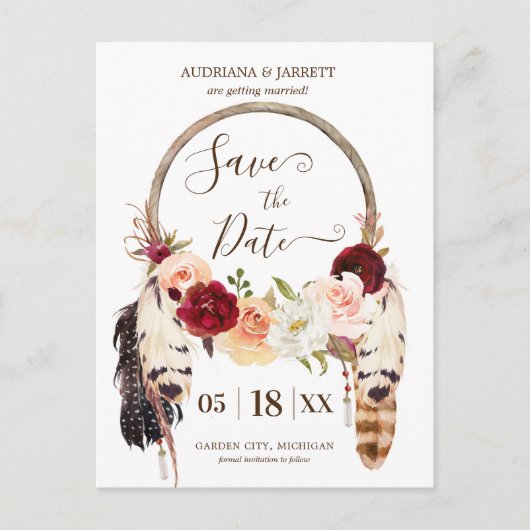 Blush & Peach Roos Dreamweaver Boho Save the Date Briefkaart (Voorkant)
