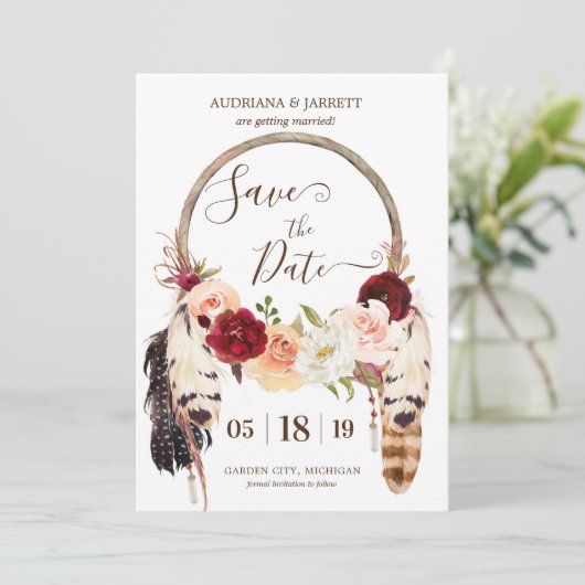 Blush & Peach Roos Dreamweaver Boho Save the Date Kaart (Staand voorkant)