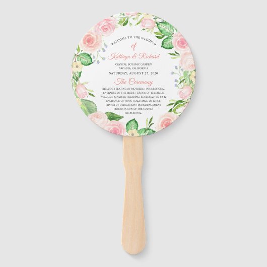 Blush Peach Roze Bloemen Trouwprogramma Hand Fan Handwaaier (Voorkant)
