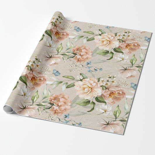 Blush & Peach Waterverf bloemenpatroon bruiloft Cadeaupapier (Uitgerold)