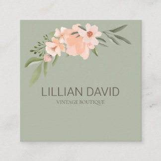 Blush Peach Waterverf Floral Roos & Sage Greenery Vierkante Visitekaartje