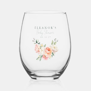 Blush Peony Floral Waterverf Roze Baby shower Wijnglas Zonder Voet